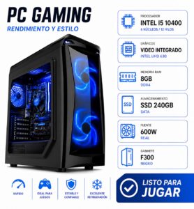 PC GAMING INTEL I5 10400 VIDEO INTEGRADO / RAM 8GB / DISCO SSD 240GB / FUENTE 600W / GABINETE F300 NEGRO / W10/PC124