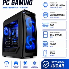 PC GAMING INTEL I5 10400 VIDEO INTEGRADO / RAM 8GB / DISCO SSD 240GB / FUENTE 600W / GABINETE F300 NEGRO / W10/PC124