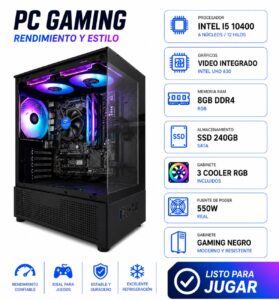 PC GAMING INTEL I5 10400 VIDEO INTEGRADO / 8GB DDR4 RGB  / DISCO SSD 240GB  / GABIENTE RUIX CON 3 COOLER RGB NEGRO / FUENTE 550W / W11/PC507