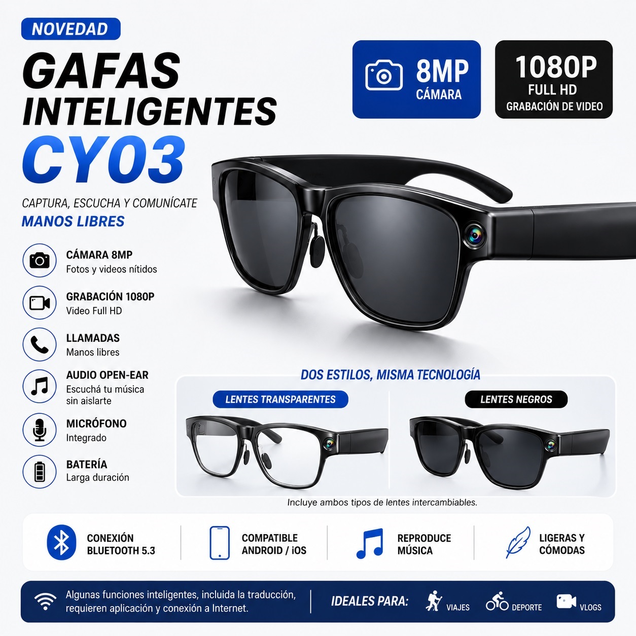 GAFAS INTELIGENTES CY03 CON CÁMARA 8MP Y GRABACIÓN 1080P - Image 2